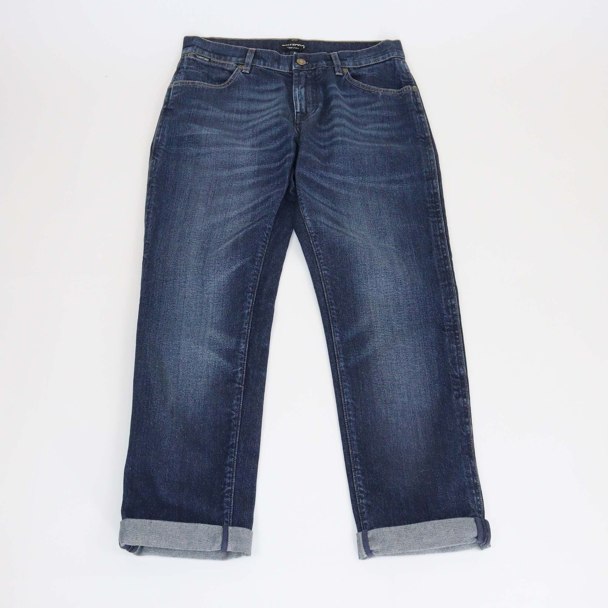 Tom Ford Blue Denim Folded Hem Straight Cut Jeans Womens Tom Ford 