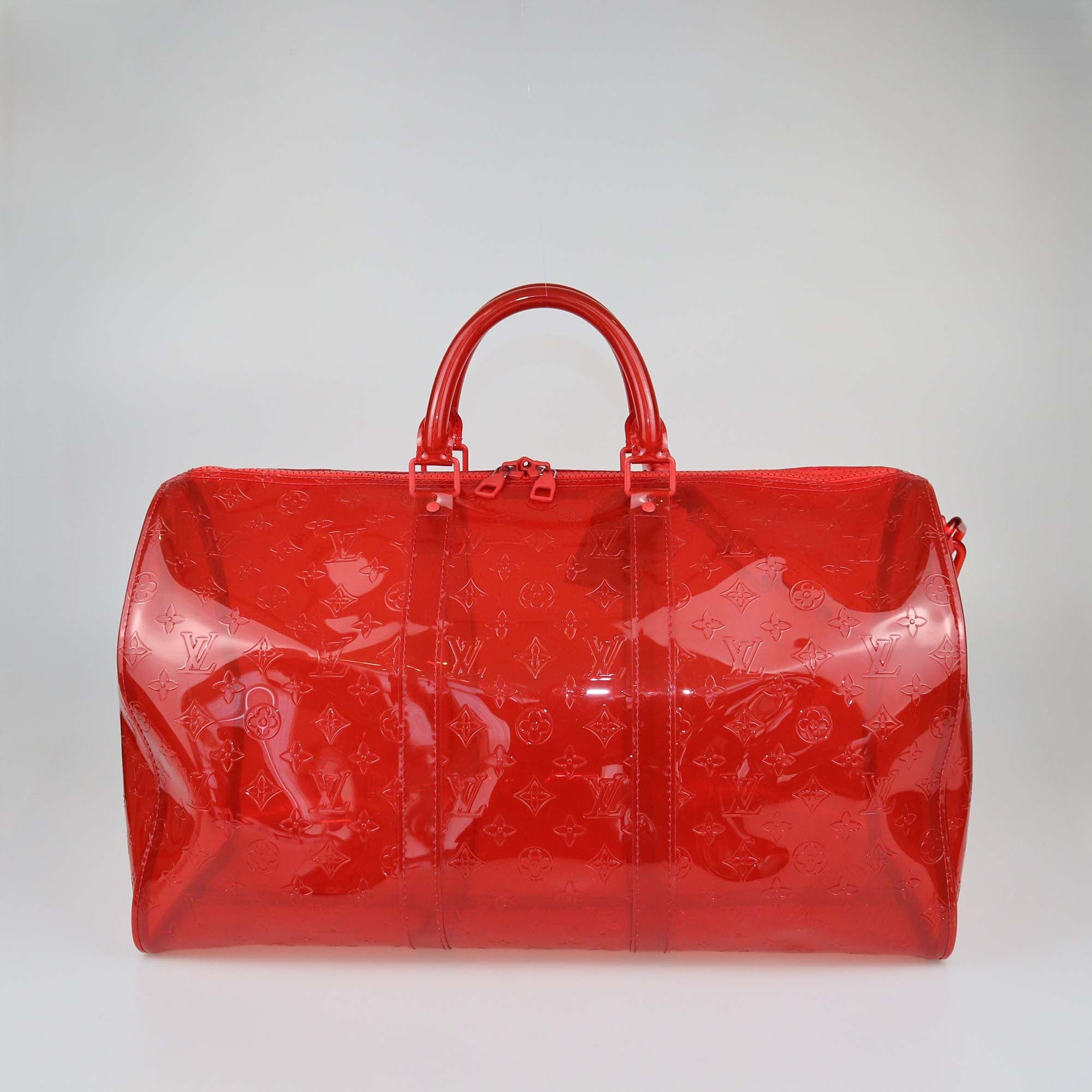 Hermes Clear Red Monogram PVC Keepall Bandouliere 50 Bag