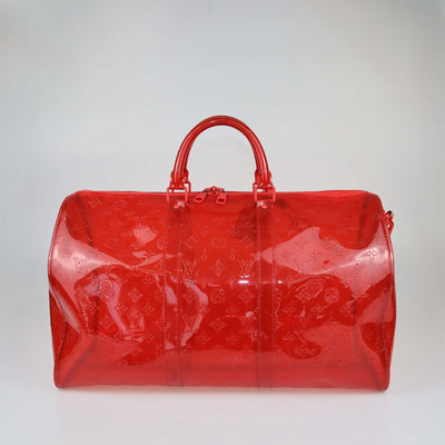 Hermes Clear Red Monogram PVC Keepall Bandouliere 50 Bag