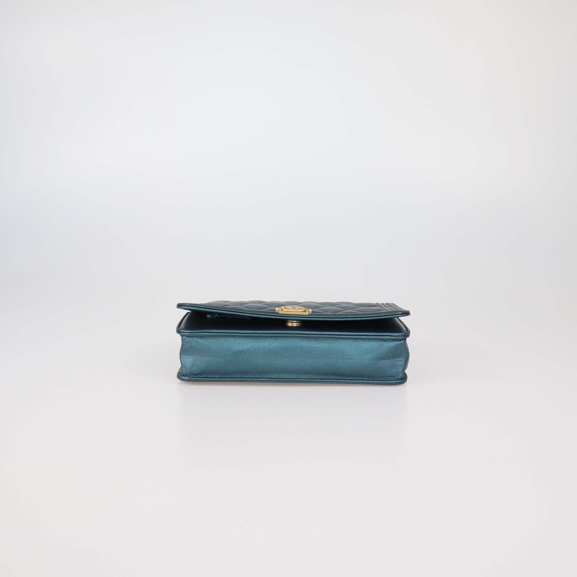 Chanel Metallic Green Quilted Leather Boy Wallet On Chain