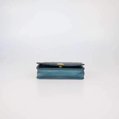 Chanel Metallic Green Quilted Leather Boy Wallet On Chain
