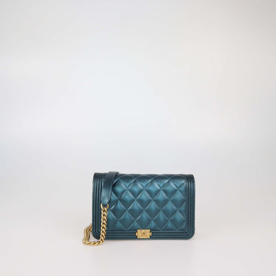 Chanel Metallic Green Quilted Leather Boy Wallet On Chain