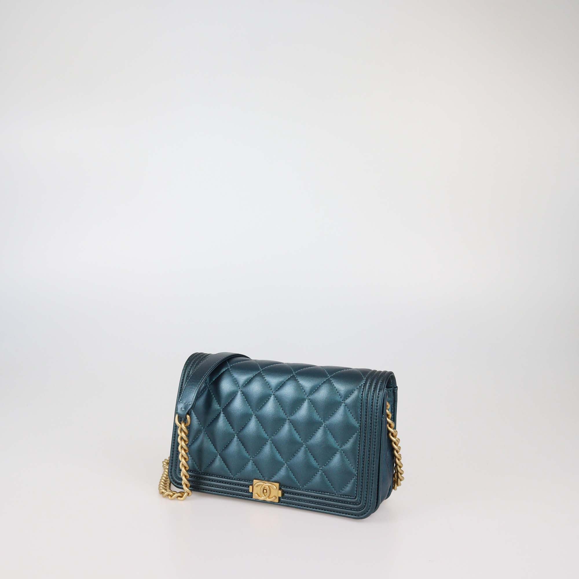 Chanel Metallic Green Quilted Leather Boy Wallet On Chain
