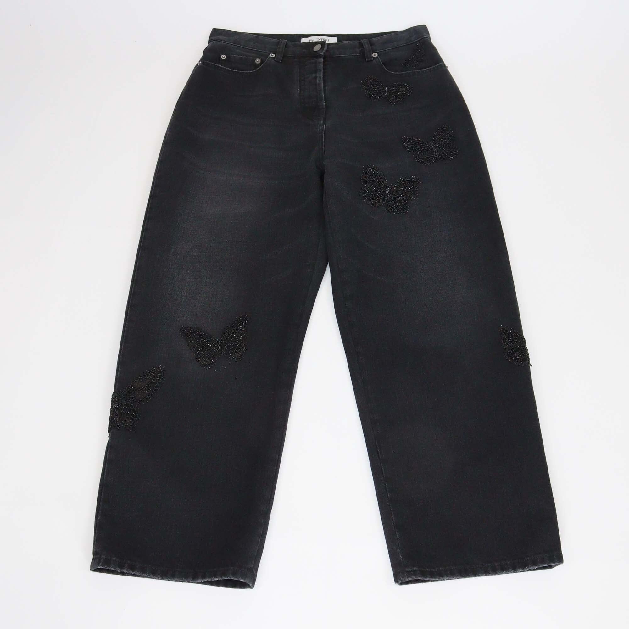 Valentino Black Beaded Butterfly Embroidered Denim Boyfriend Jeans Womens Valentino 