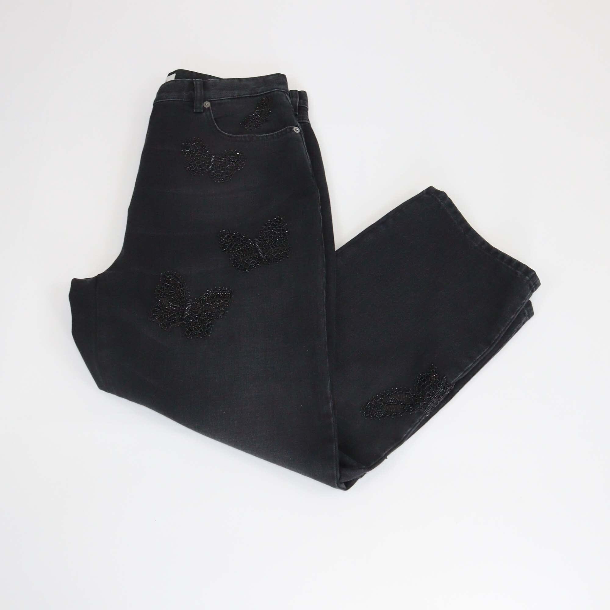 Valentino Black Beaded Butterfly Embroidered Denim Boyfriend Jeans Womens Valentino 