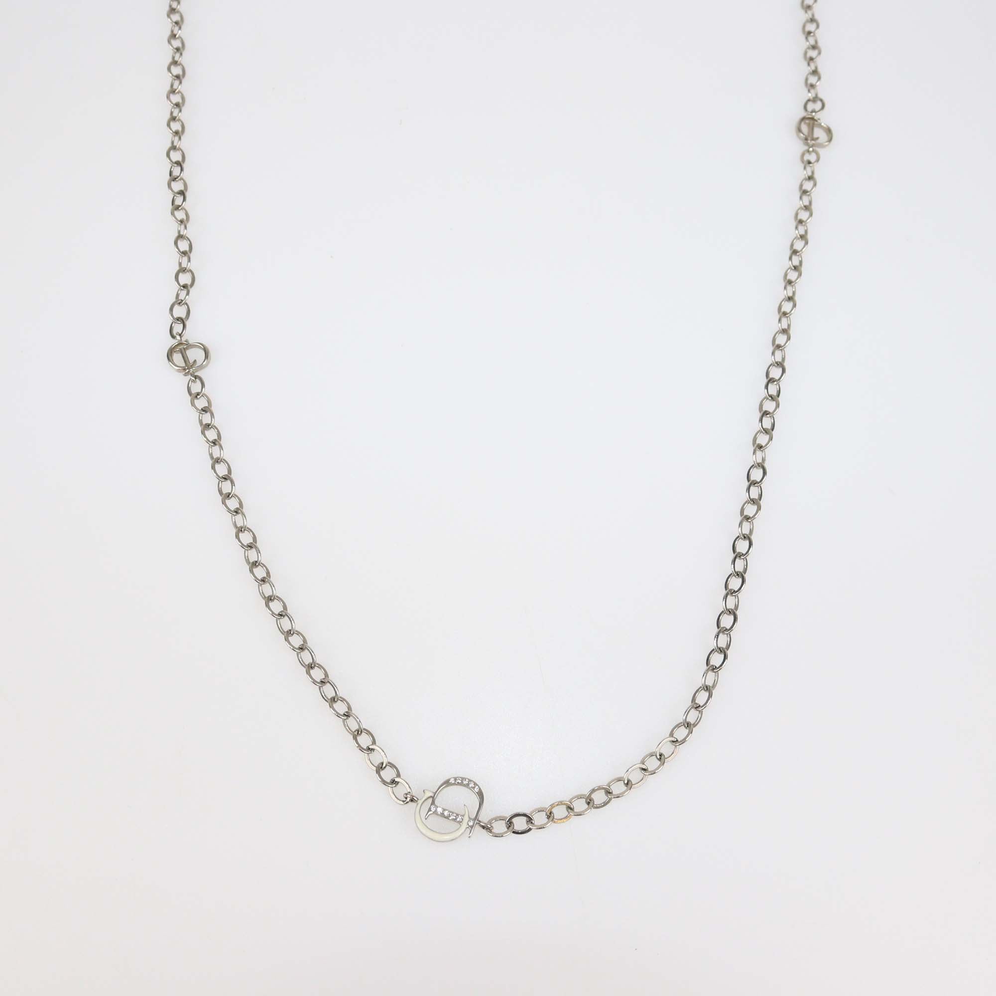 Christian Dior Silver Tone CD Crystal Long Chain Necklace