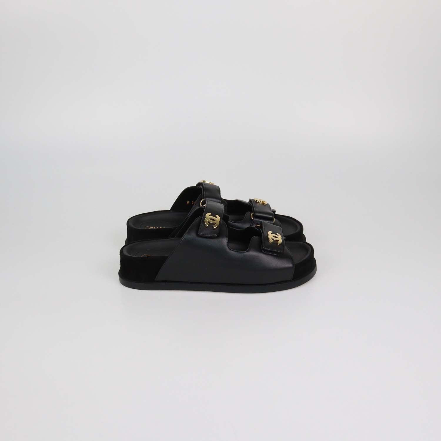 Chanel Black Leather CC Strap Flat Sandals