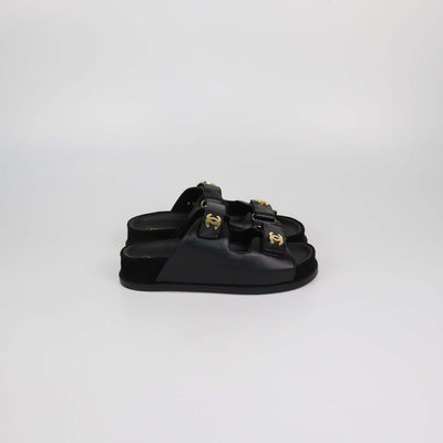 Chanel Black Leather CC Strap Flat Sandals