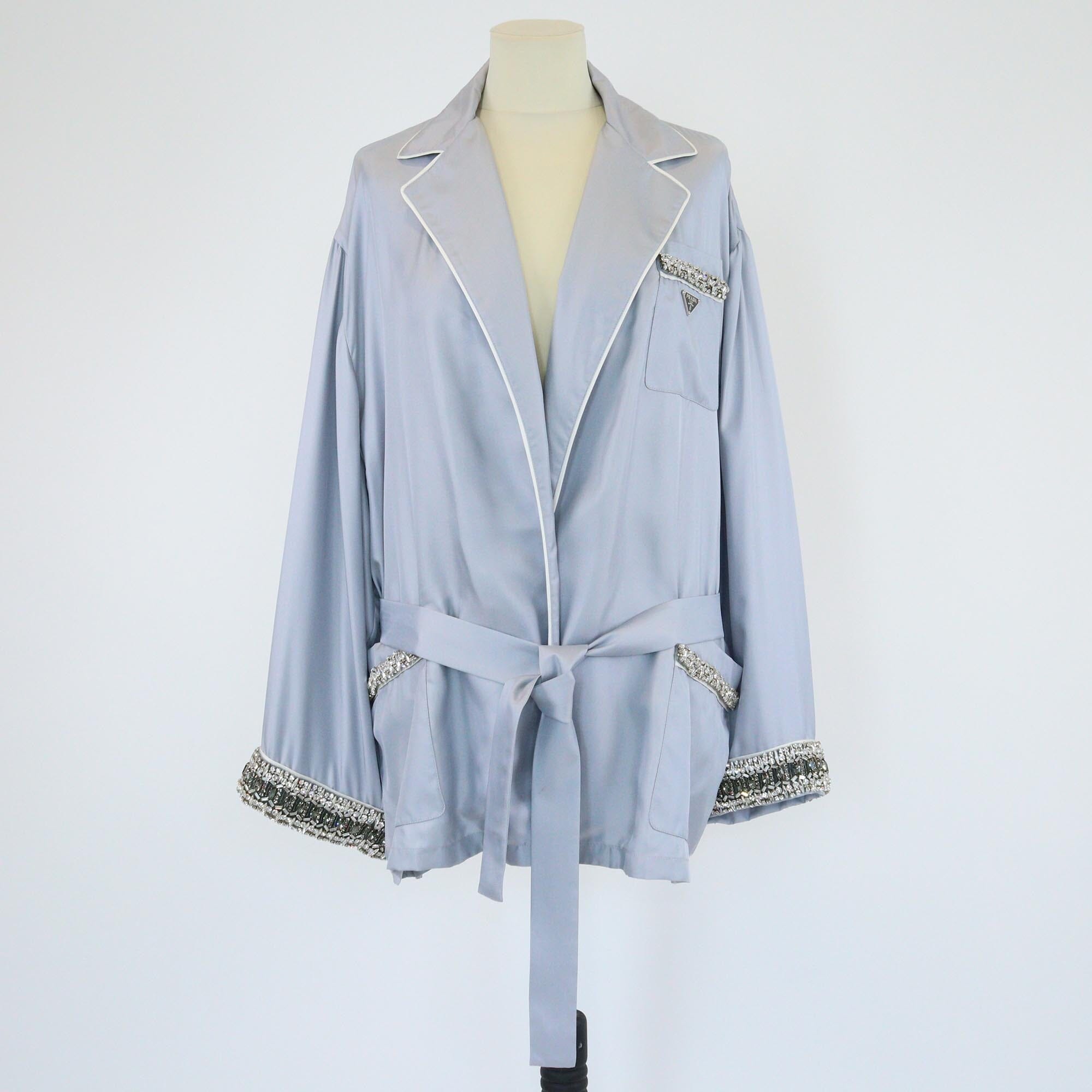 Prada Grey Crystal Embellishment Long Sleeve Mini Robe Womens Prada 