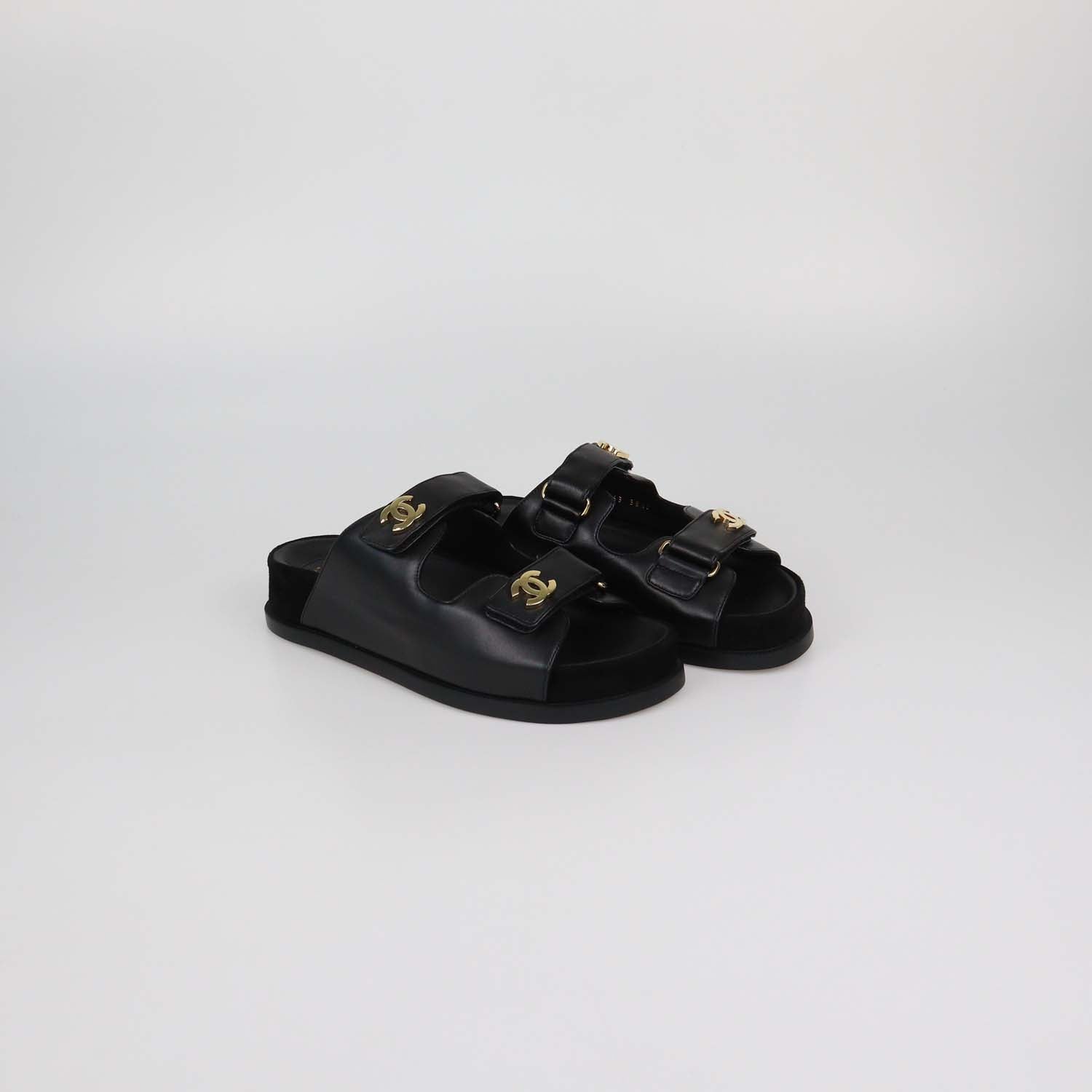 Chanel Black Leather CC Strap Flat Sandals