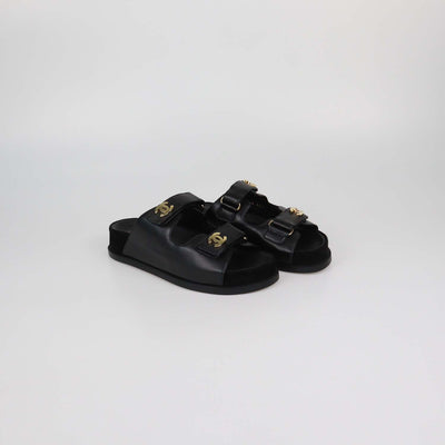 Chanel Black Leather CC Strap Flat Sandals
