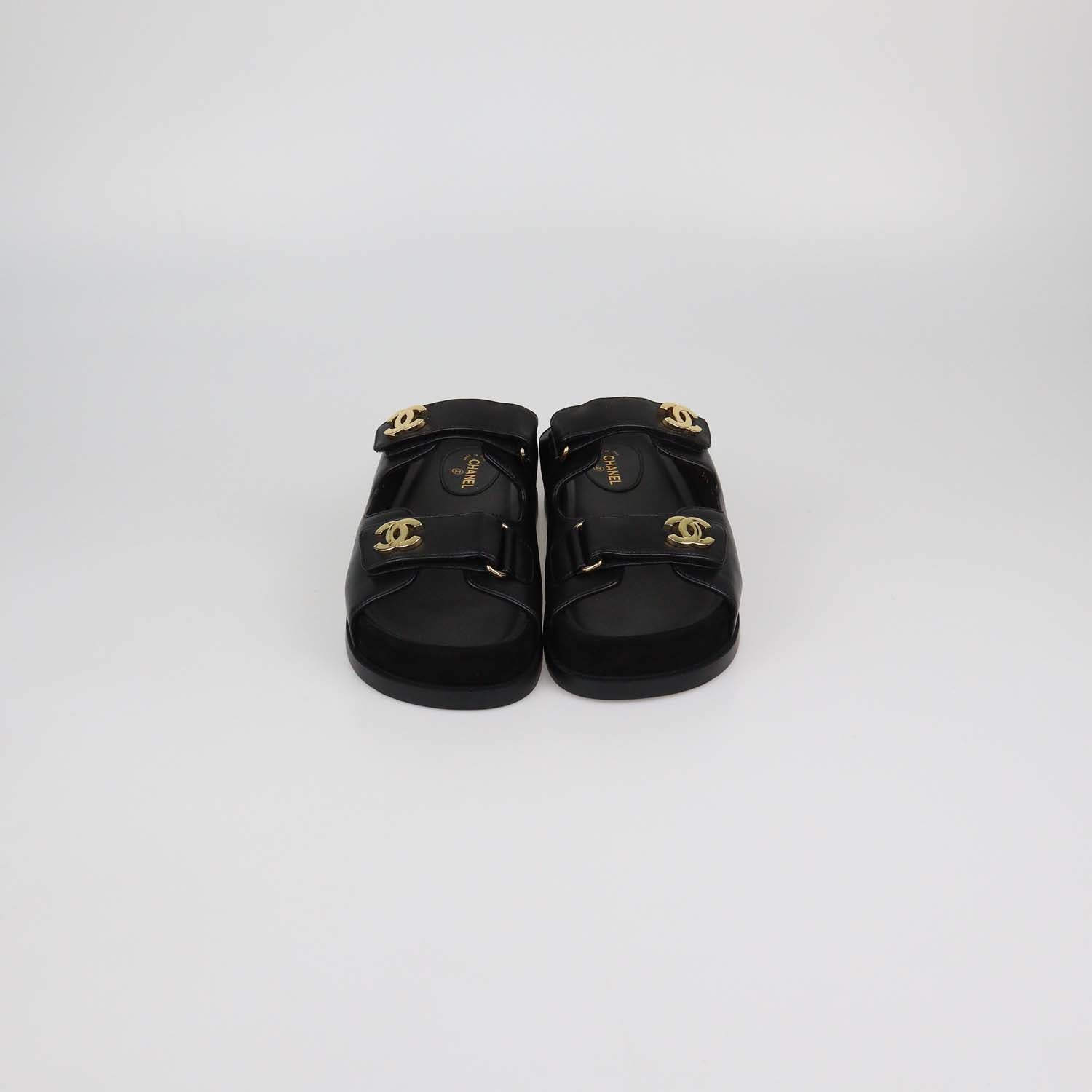 Chanel Black Leather CC Strap Flat Sandals