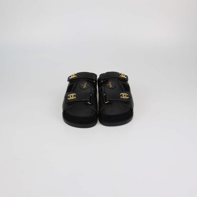 Chanel Black Leather CC Strap Flat Sandals
