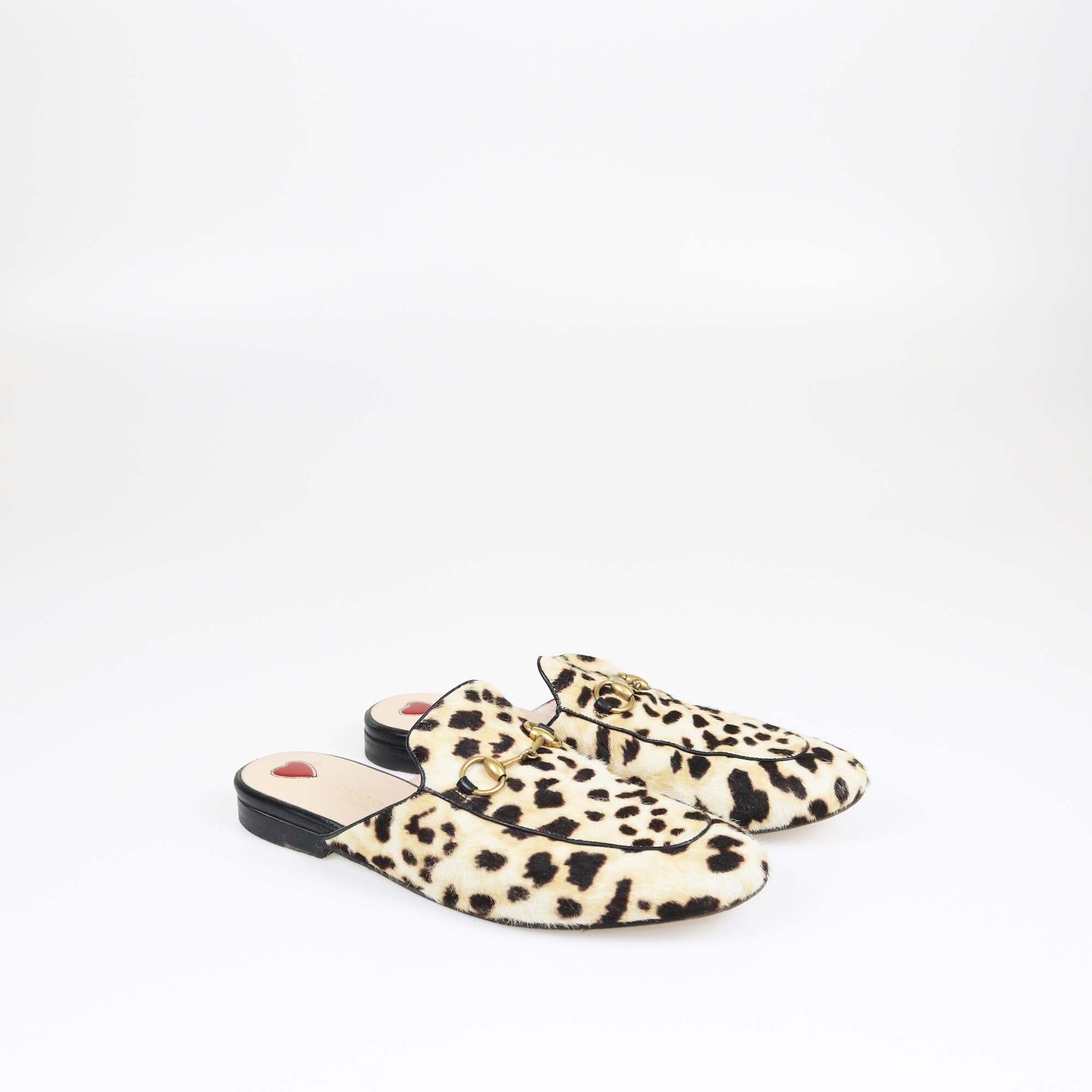 Gucci Brown/Cream Leopard Print Princetown Horsebit Mules Womens Gucci 