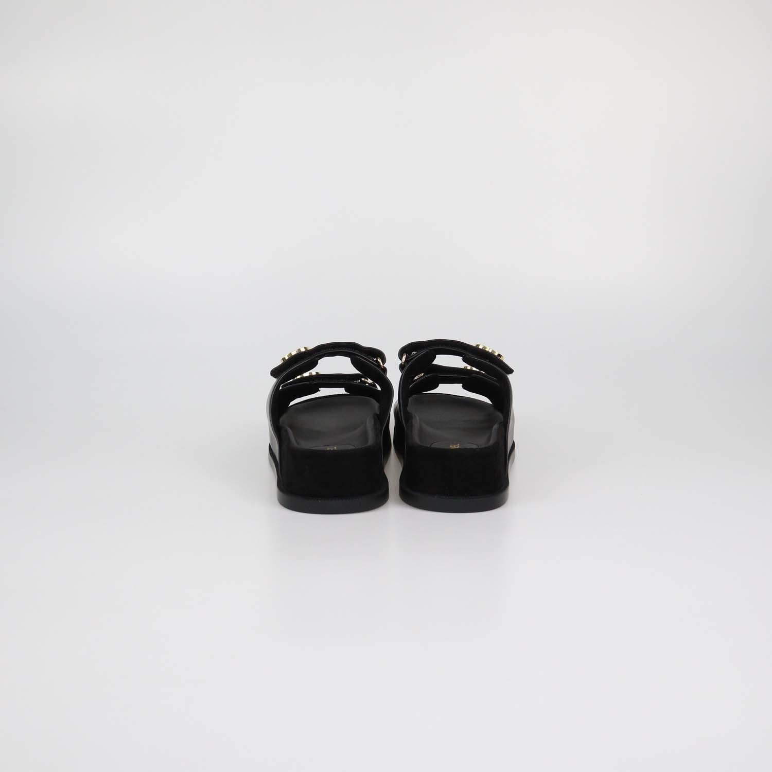 Chanel Black Leather CC Strap Flat Sandals