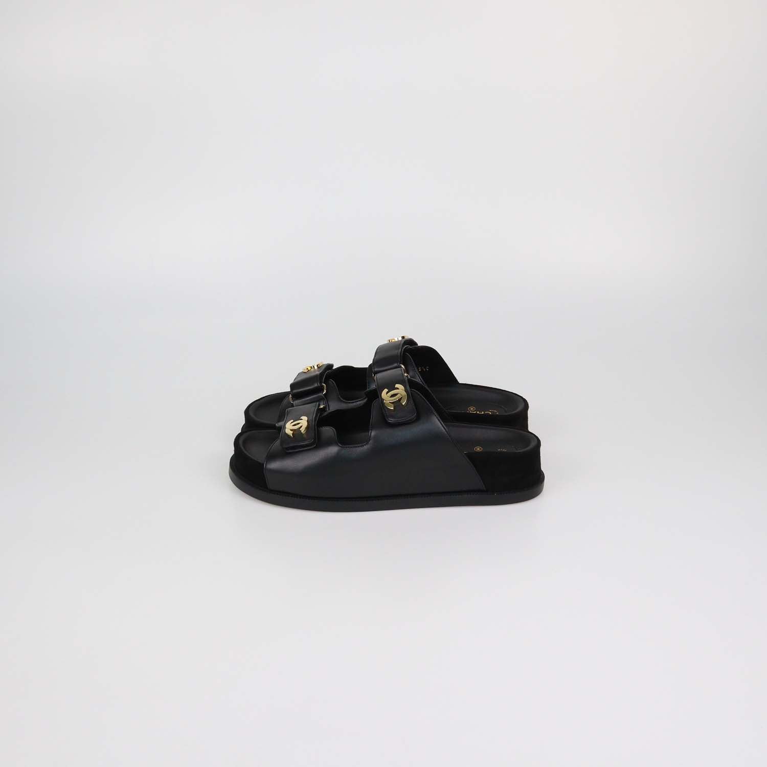 Chanel Black Leather CC Strap Flat Sandals