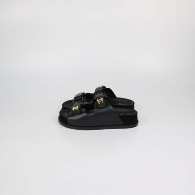 Chanel Black Leather CC Strap Flat Sandals