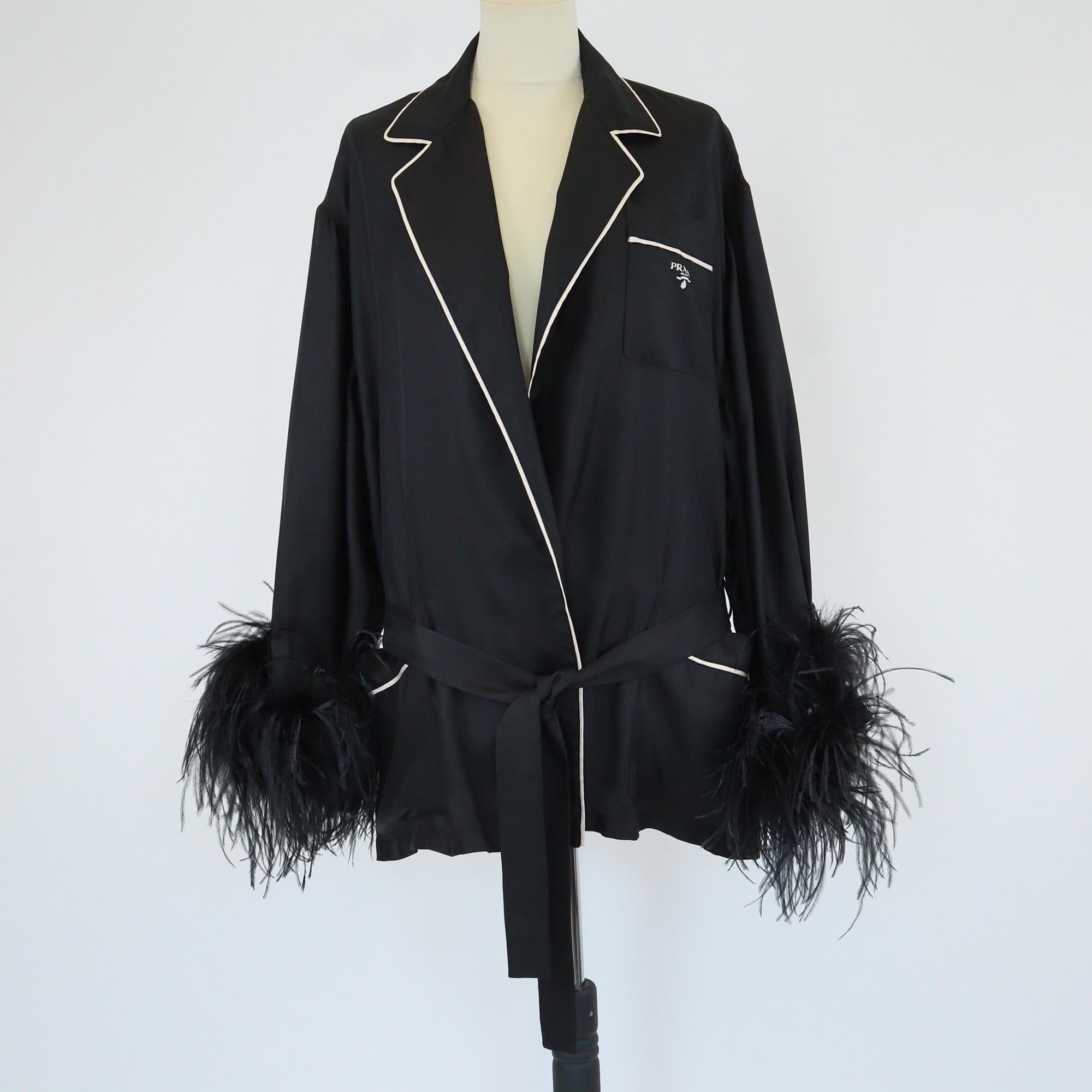 Prada Black Ostrich Feather Trim Belted Long Sleeve Mini Robe Womens Prada 