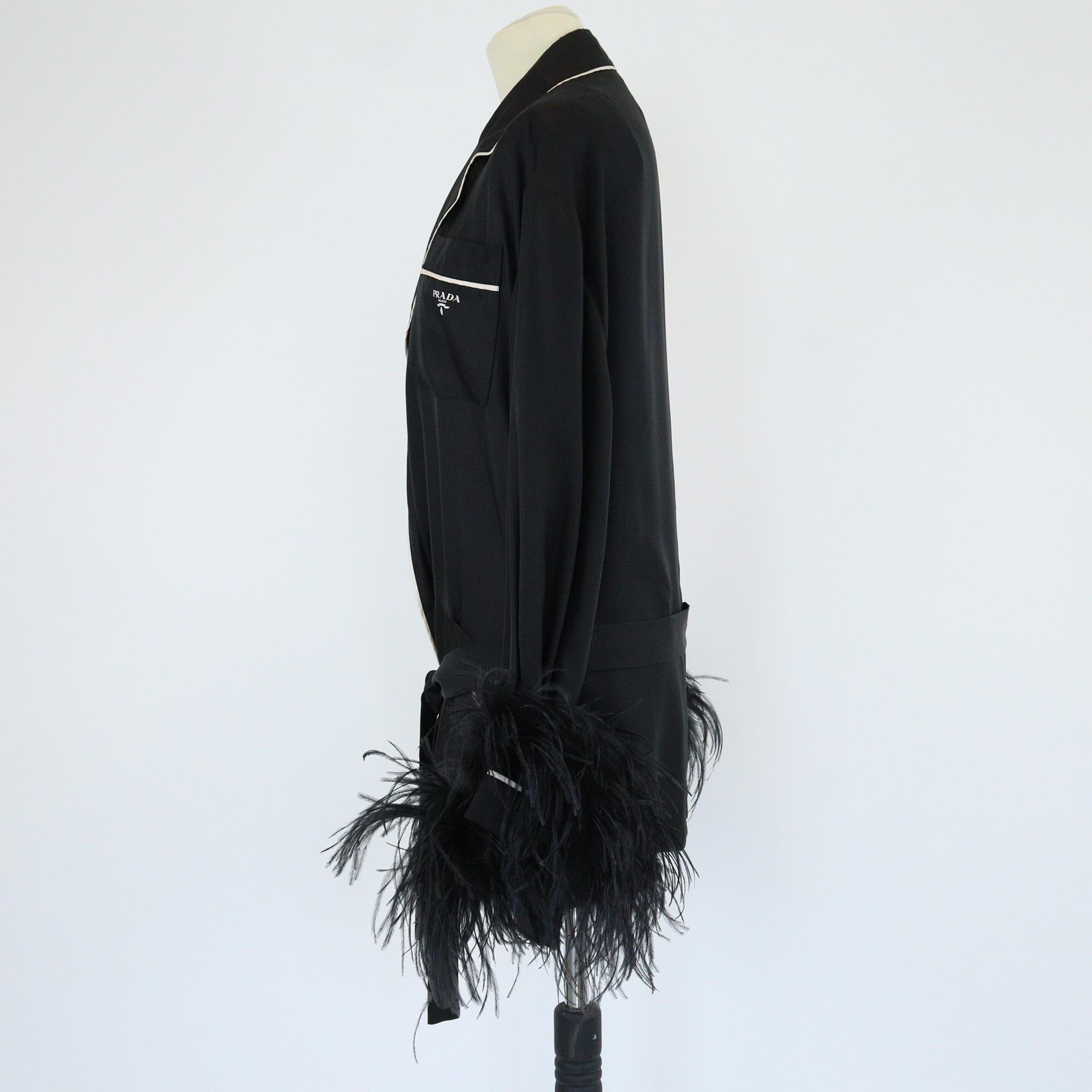 Prada Black Ostrich Feather Trim Belted Long Sleeve Mini Robe Womens Prada 