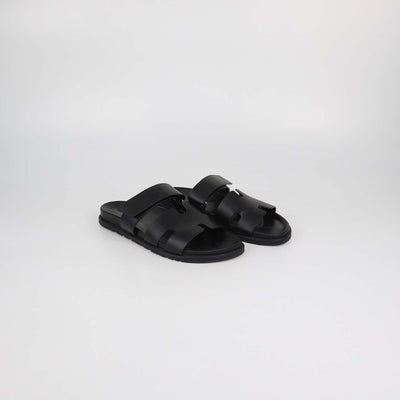 Hermes Black Leather Chypre Sandals
