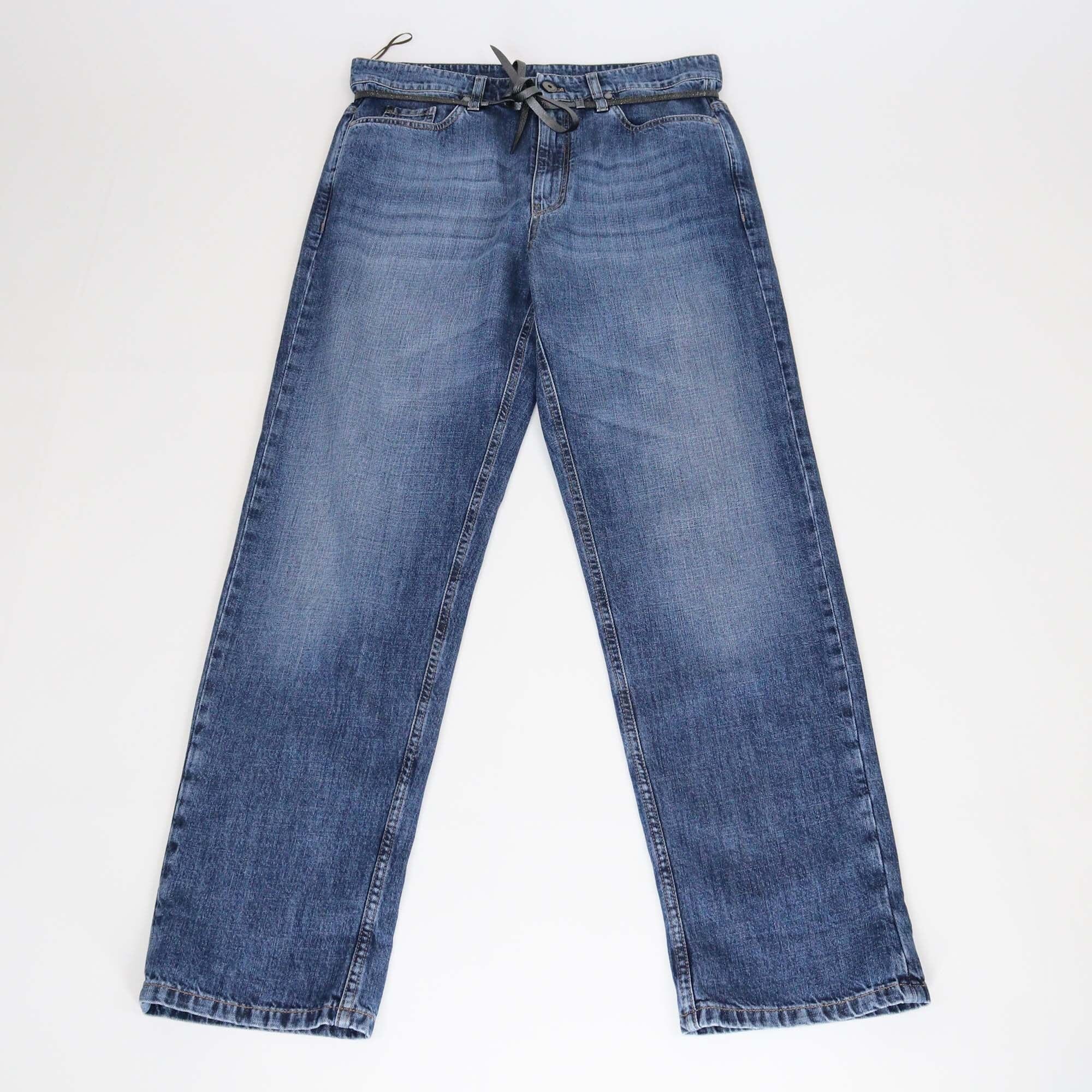 Brunello Cucinelli Blue Denim Leather String Straight Cut Jeans Womens Brunello Cucinelli 