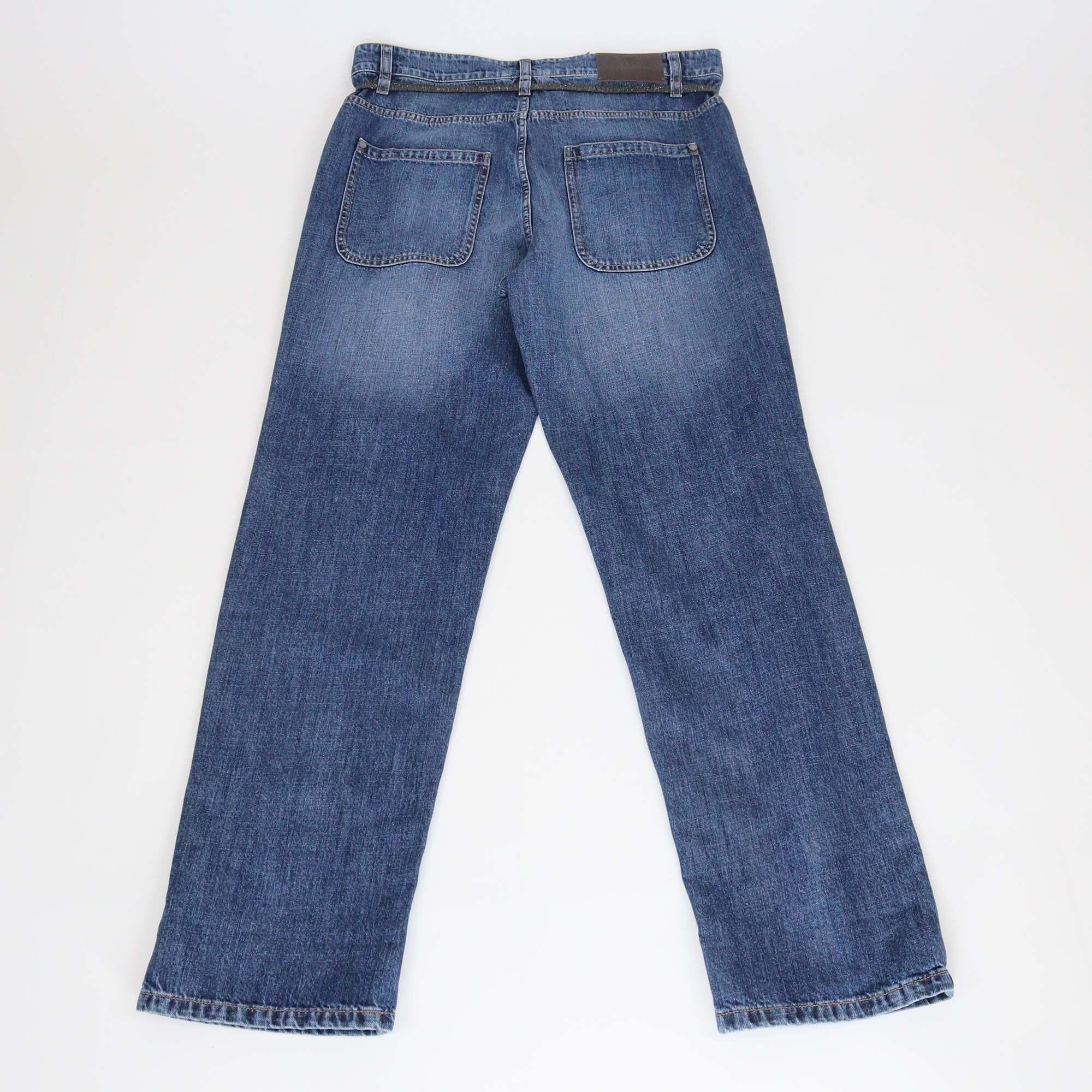 Brunello Cucinelli Blue Denim Leather String Straight Cut Jeans Womens Brunello Cucinelli 