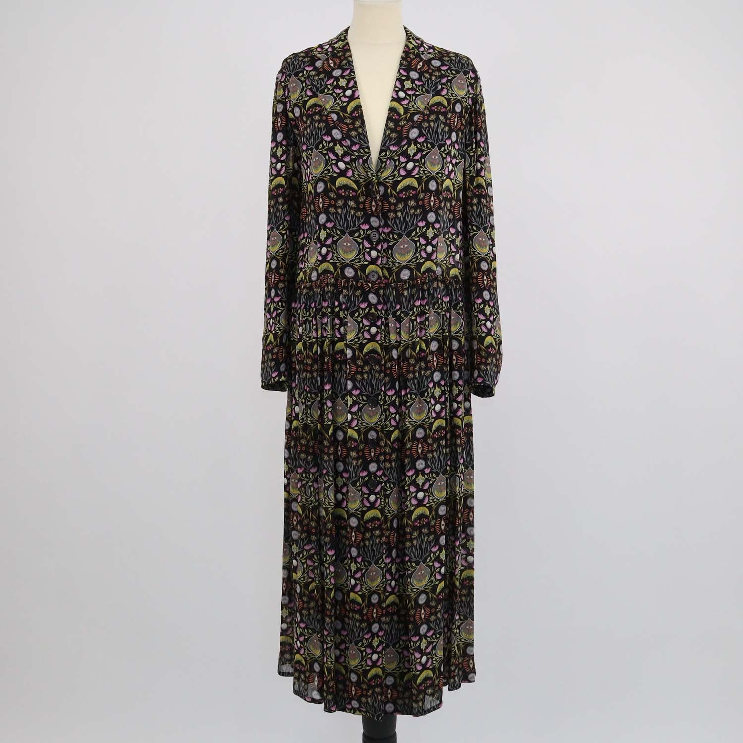 Chloe Black/Yellow Viscose Mystic Eye and Bohemian Print V Neck Midi Dress