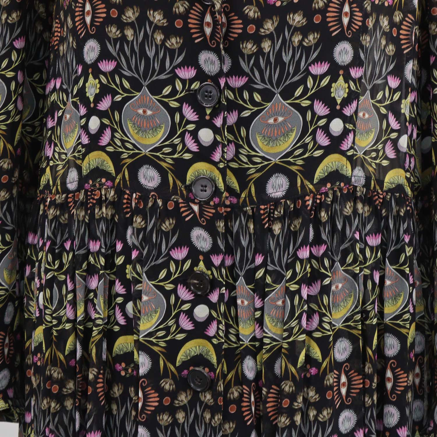 Chloe Black/Yellow Viscose Mystic Eye and Bohemian Print V Neck Midi Dress