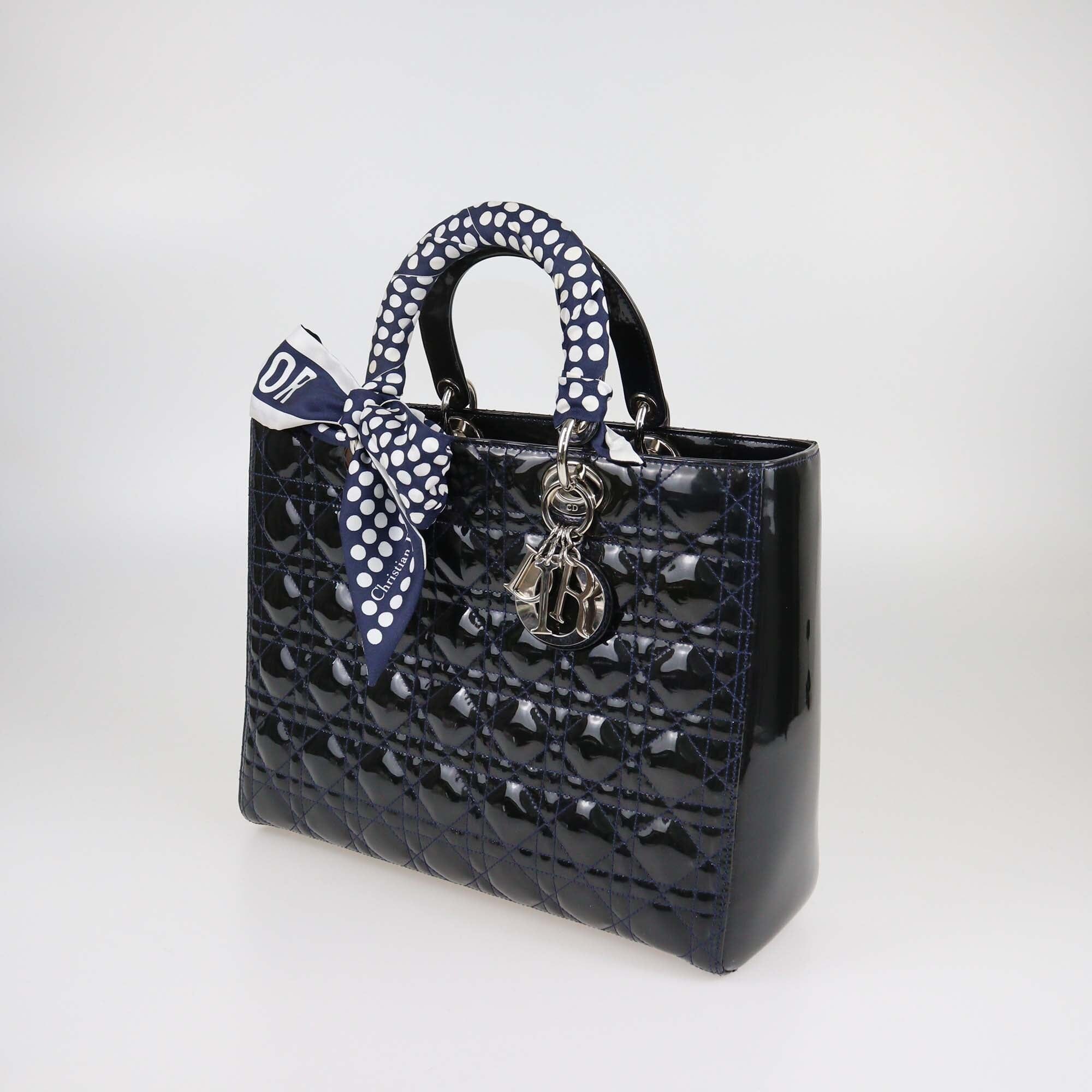 Christian Dior Navy Blue Cannage Patent Large Lady Dior Tote Womens Christian Dior 