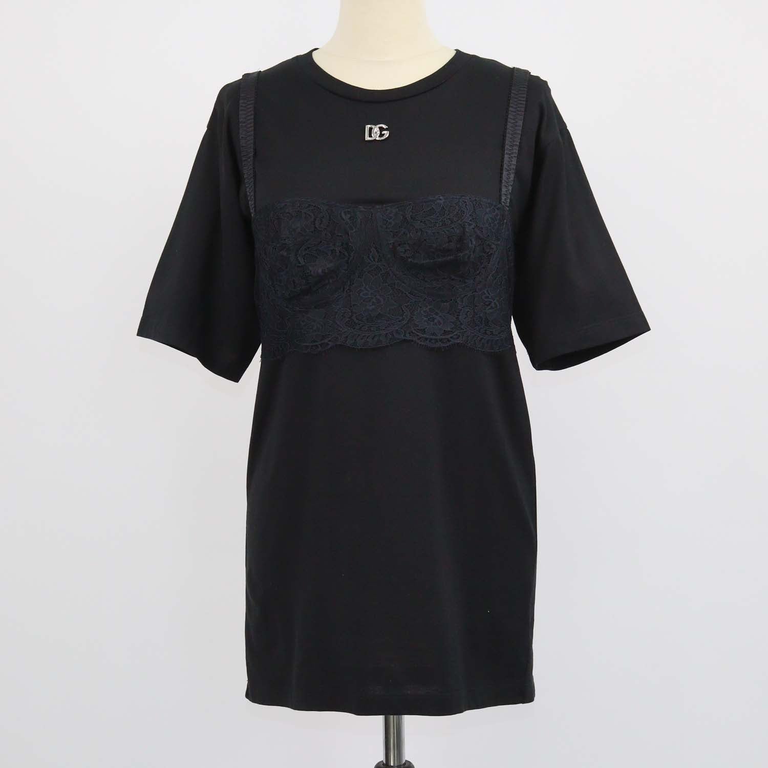 Dolce & Gabbana Black Blend Cotton Lace Bralette Crew Neck T-Shirt