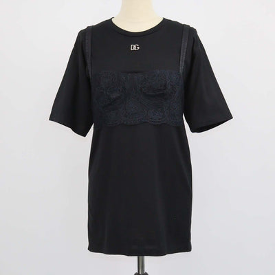 Dolce & Gabbana Black Blend Cotton Lace Bralette Crew Neck T-Shirt