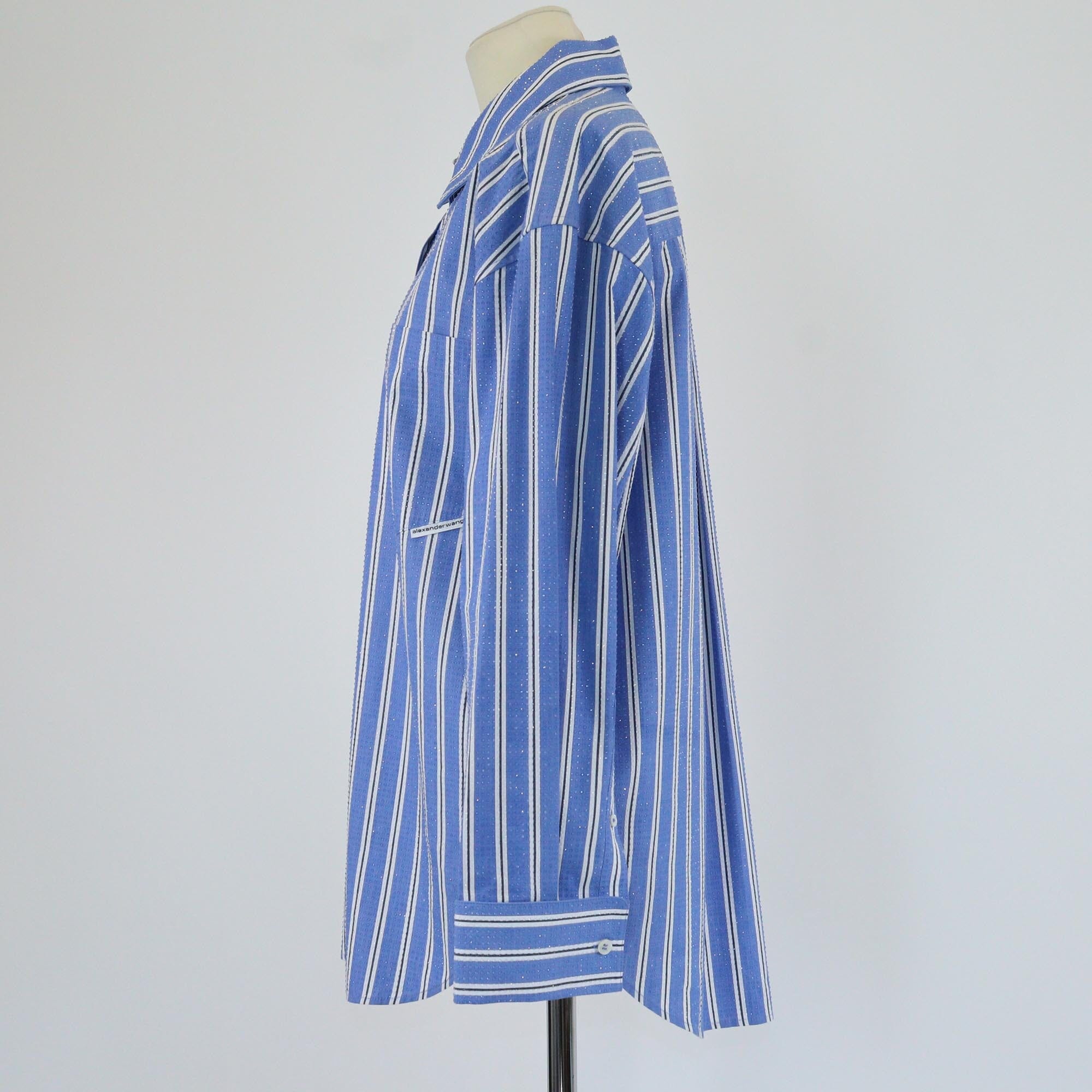 Alexander Wang Blue Stripe Cyrstal Embellished Button Up Shirt Womens Alexander Wang 