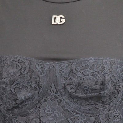 Dolce & Gabbana Black Blend Cotton Lace Bralette Crew Neck T-Shirt