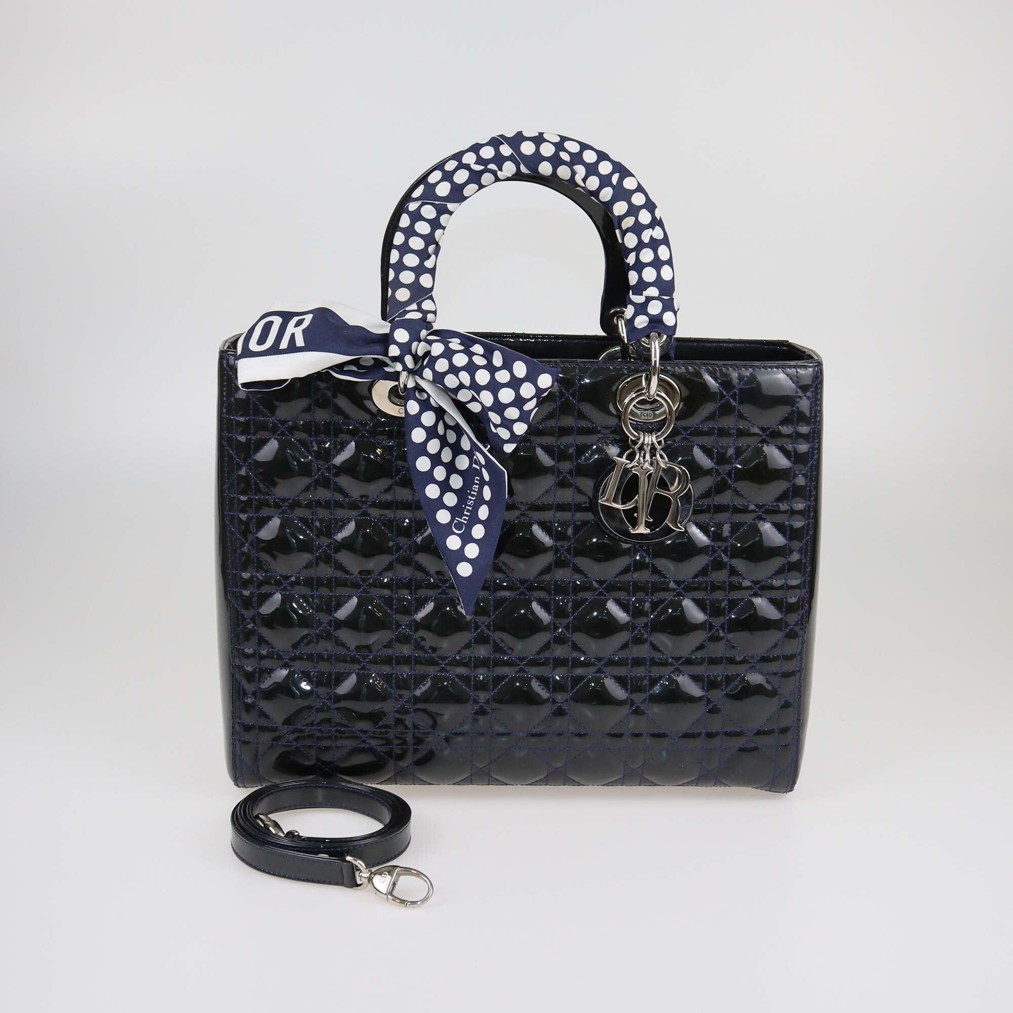 Christian Dior Navy Blue Cannage Patent Large Lady Dior Tote Womens Christian Dior 
