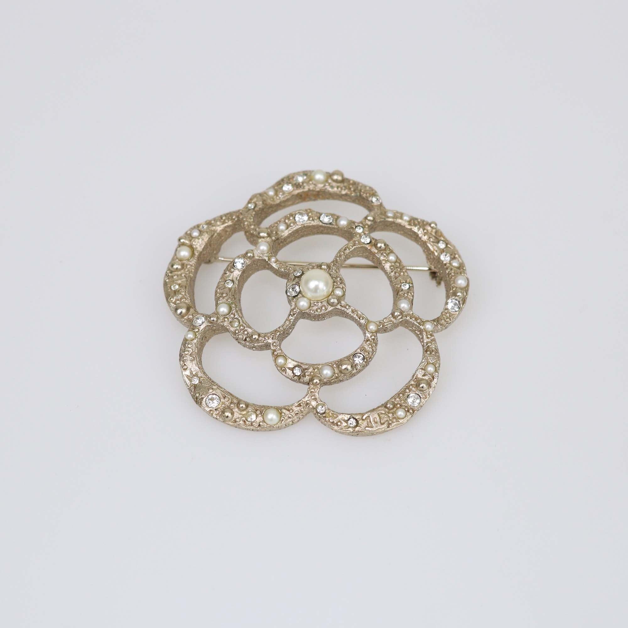 Chanel Pale Gold Crystal & Faux Pearls Camellia Brooch Womens Chanel 