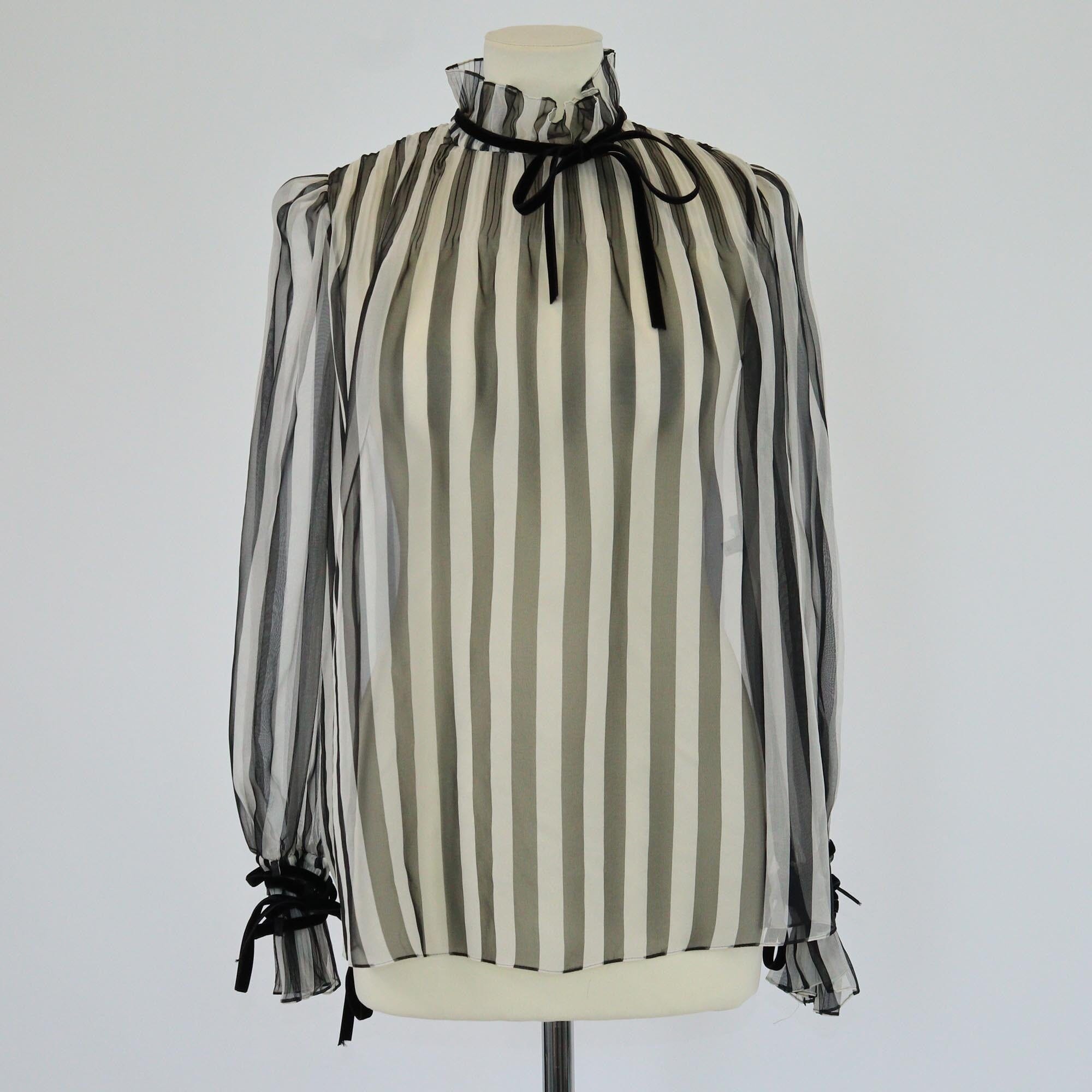 Valentino Black/White Striped Transparent Ruffle Neck Long Sleeve Blouse Womens Valentino 