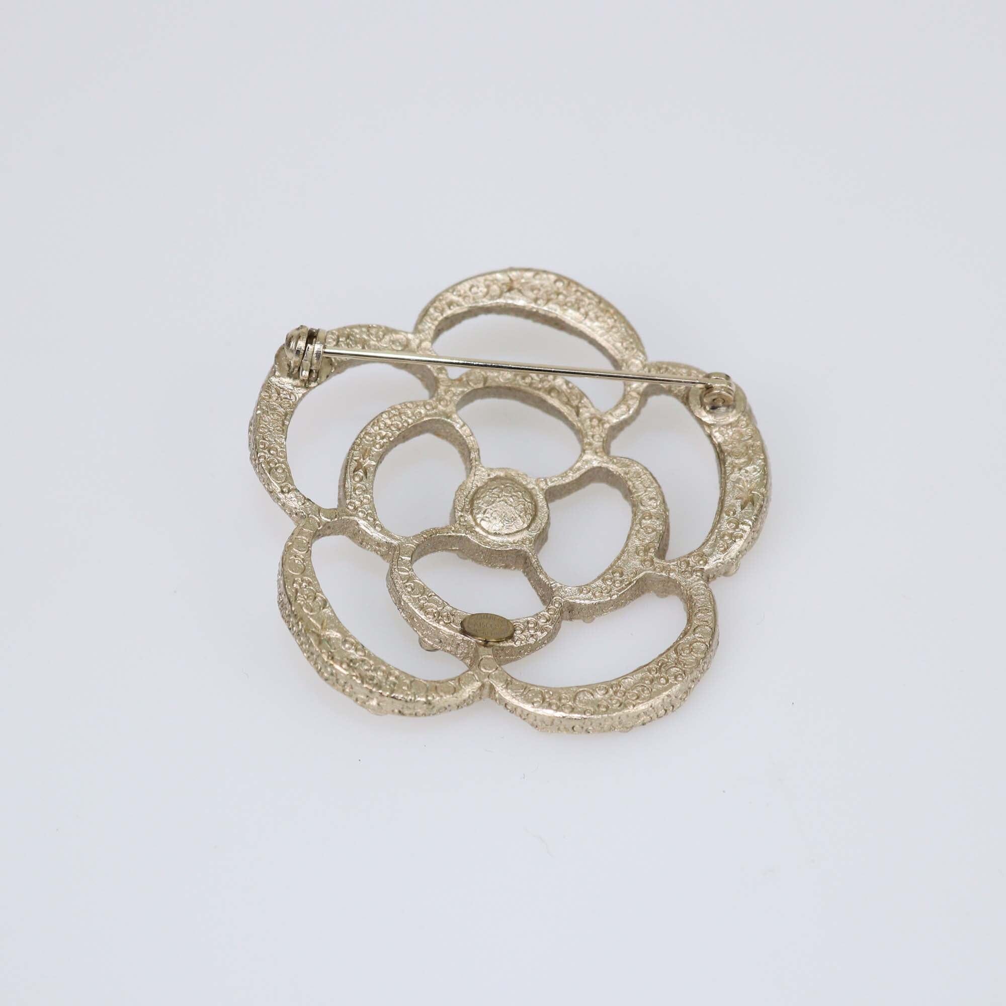 Chanel Pale Gold Crystal & Faux Pearls Camellia Brooch Womens Chanel 