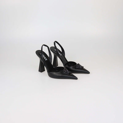Versace Black Leather La Medusa Slingback Pumps