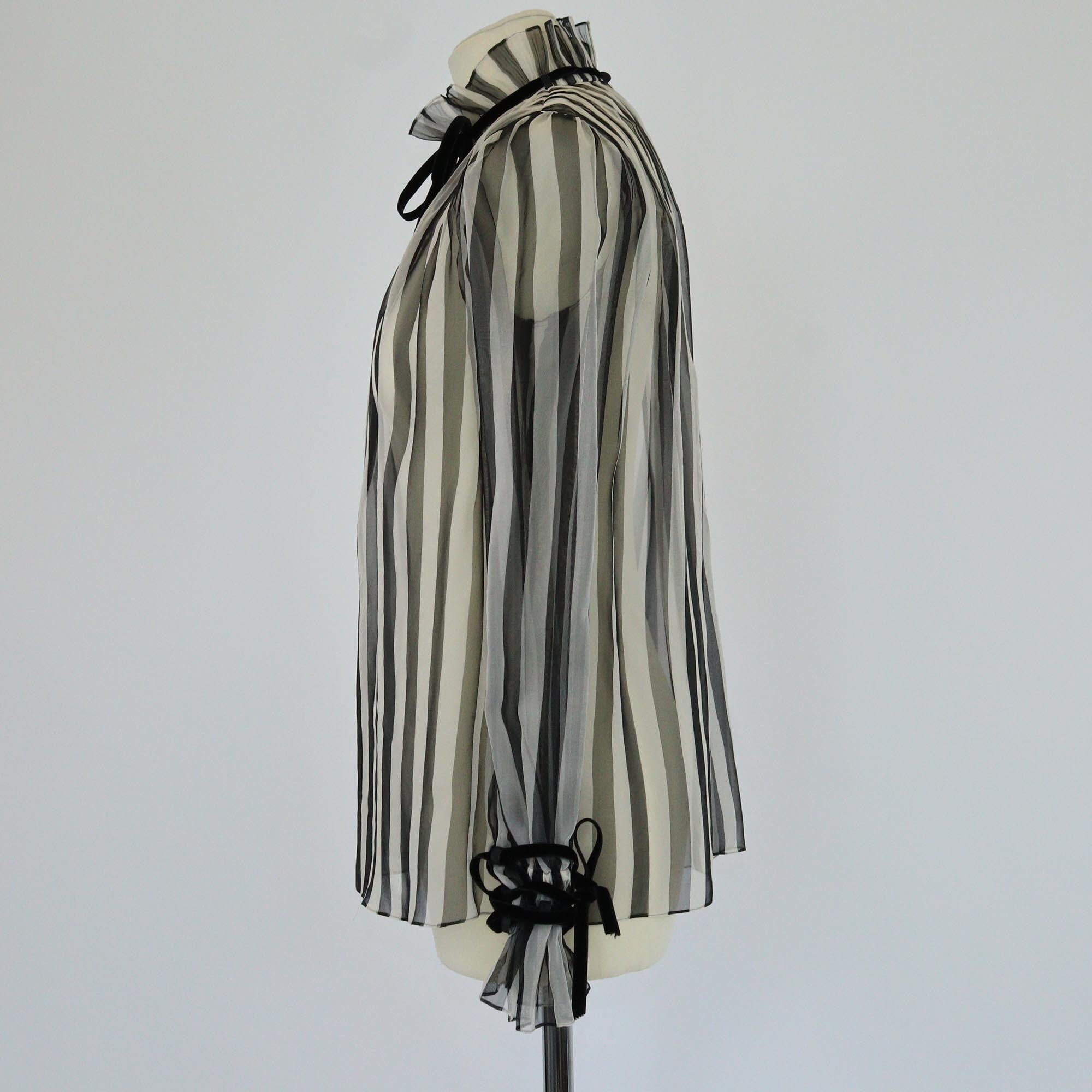 Valentino Black/White Striped Transparent Ruffle Neck Long Sleeve Blouse Womens Valentino 