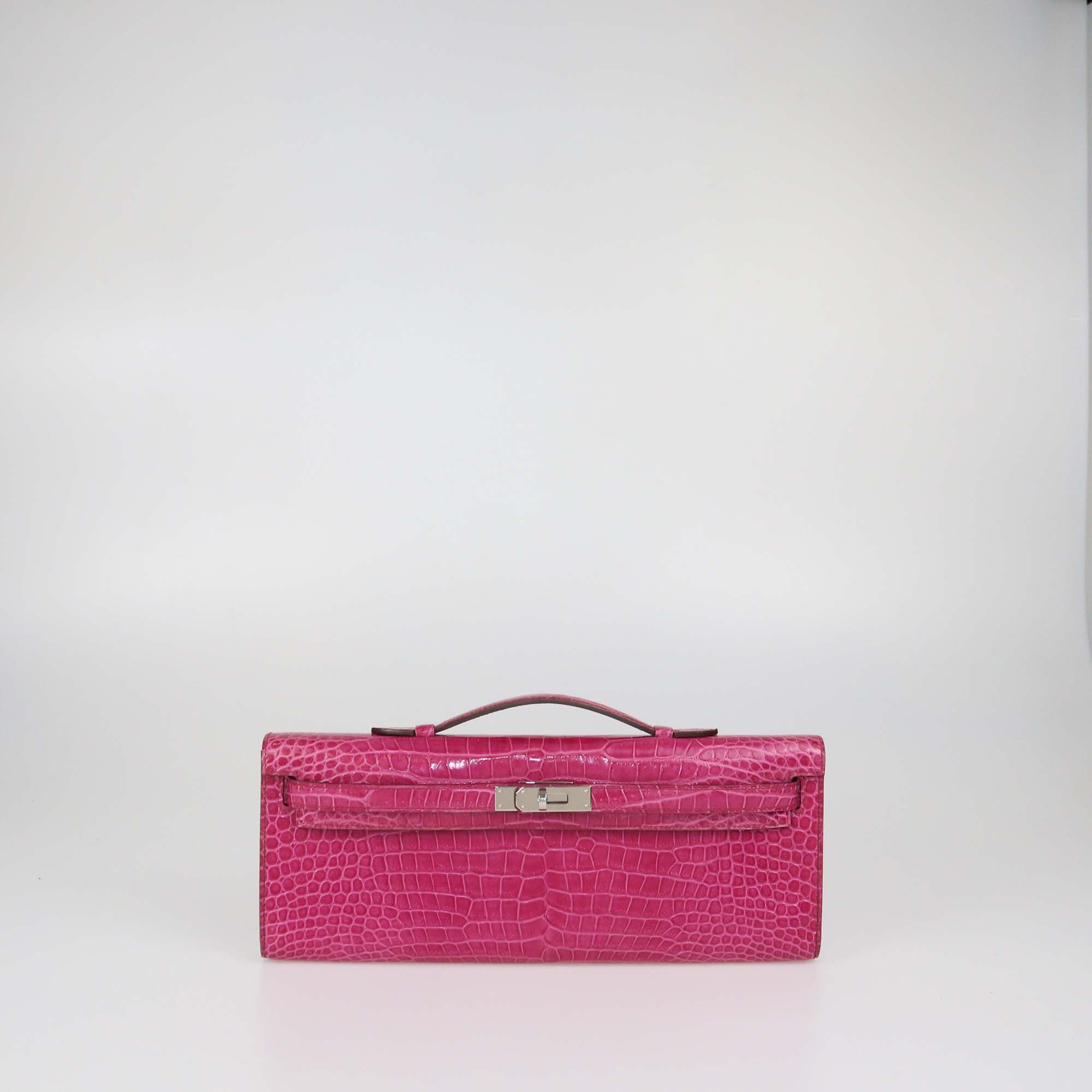 Hermes Rose Tyrien Crocodile Porosus Kelly Cut Clutch