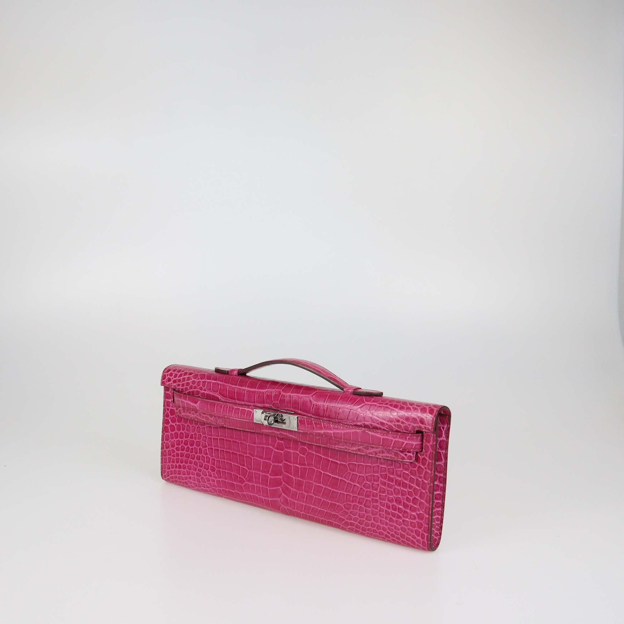 Hermes Rose Tyrien Crocodile Porosus Kelly Cut Clutch