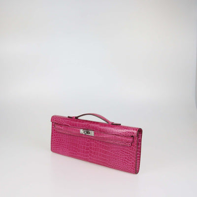 Hermes Rose Tyrien Crocodile Porosus Kelly Cut Clutch