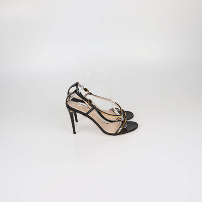 Gucci Black/Gold Leather Chain Trims Slingback Sandals