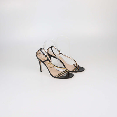Gucci Black/Gold Leather Chain Trims Slingback Sandals