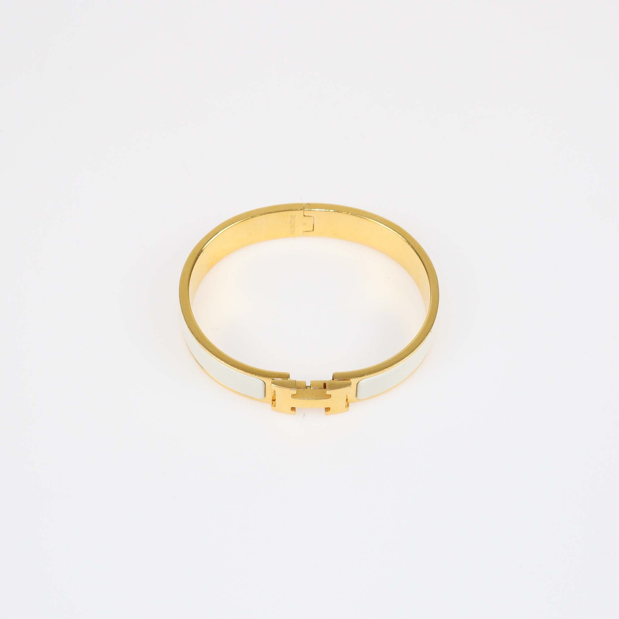 Hermes Clic H White Enamel Yellow Gold Plated Metal Narrow Bracelet Womens Hermes 