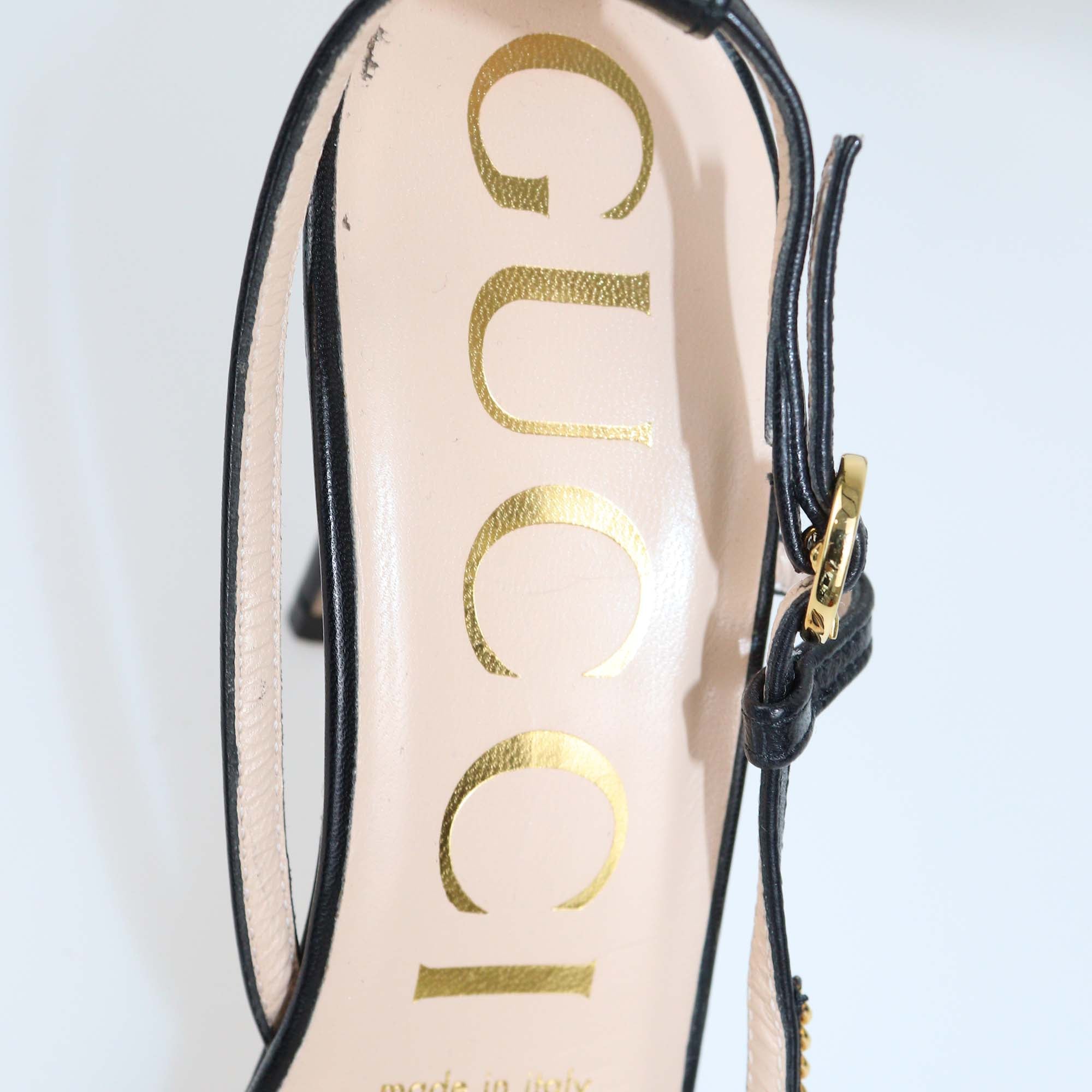 Gucci Black/Gold Leather Chain Trims Slingback Sandals