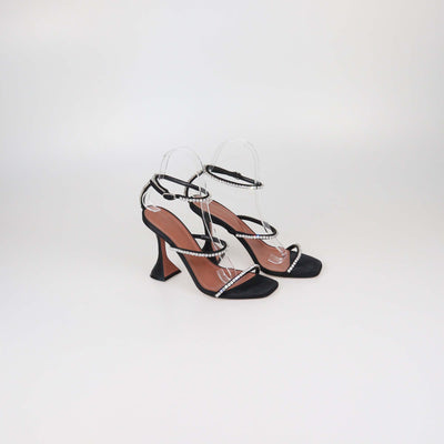 Amina Muaddi Black Satin Gilda Crystal Embellished Ankle Strap Sandals