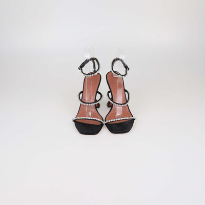 Amina Muaddi Black Satin Gilda Crystal Embellished Ankle Strap Sandals