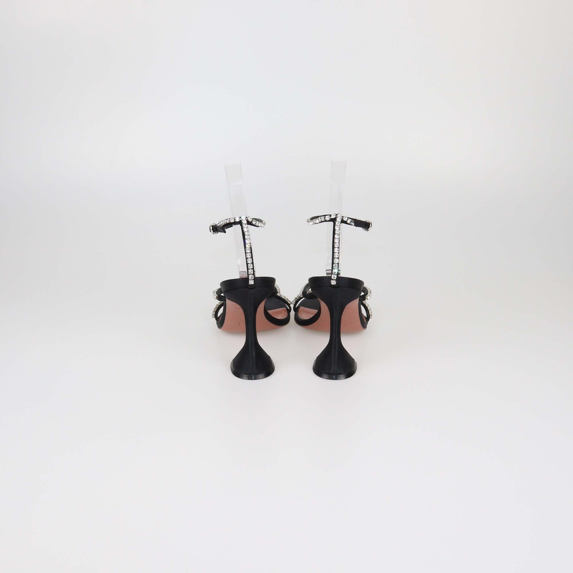 Amina Muaddi Black Satin Gilda Crystal Embellished Ankle Strap Sandals