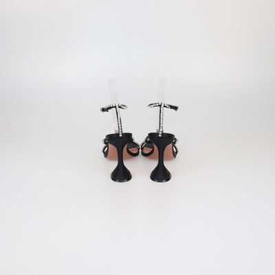 Amina Muaddi Black Satin Gilda Crystal Embellished Ankle Strap Sandals